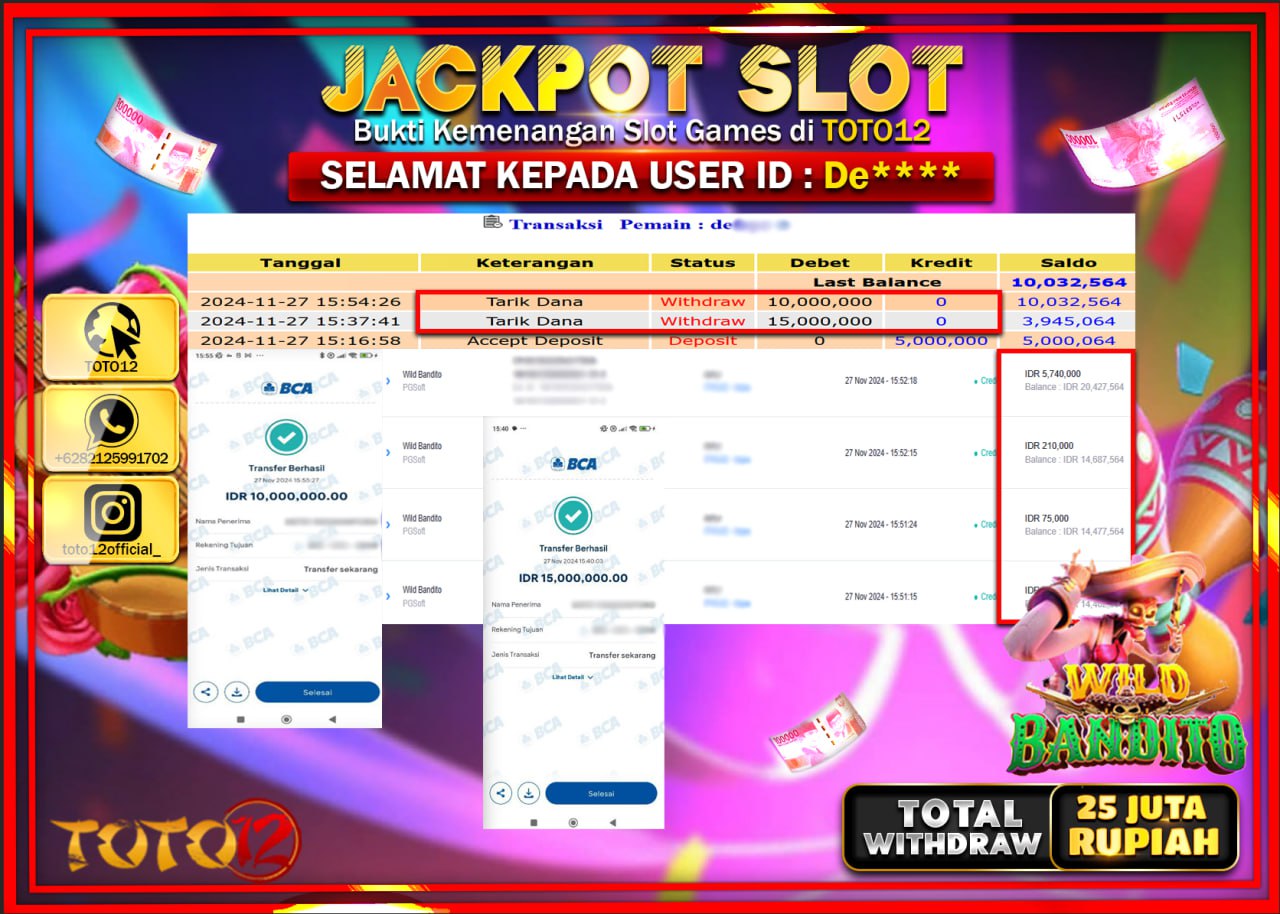 HANYA DI TOTO12 JP PASTI DI BAYAR LUNAS DAN CEPAT!!!!!! JACKPOT SLOT GAME (WILD BANDITO) Rp.25.000.000 !!!!