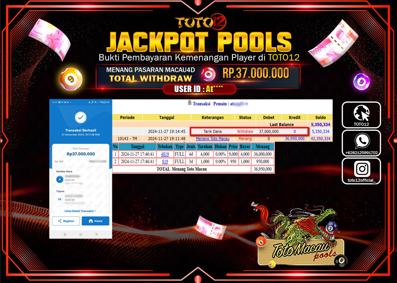 HANYA DI TOTO12 JP PASTI DI BAYAR LUNAS DAN CEPAT!!!!!! JACKPOT POOLS PASARAN (TOTO MACAU) Rp.37.000.000 !!!!