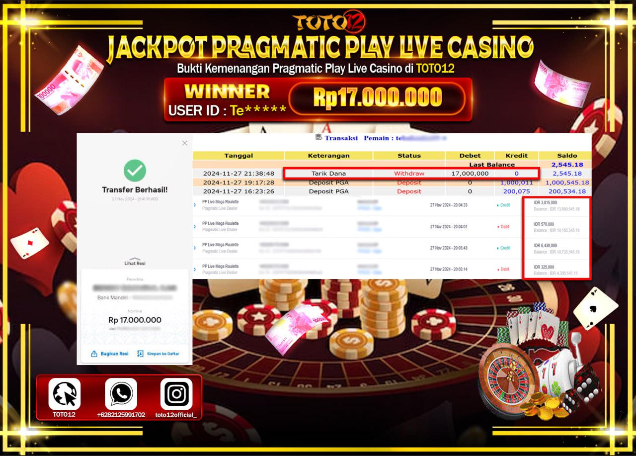 HANYA DI TOTO12 JP PASTI DI BAYAR LUNAS DAN CEPAT!!!!!! JACKPOT PRAGMATIC PLAY LIVE CASINO (MEGA ROULETTE) Rp.17.000.000 !!!!