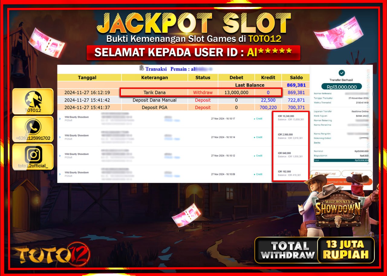 HANYA DI TOTO12 JP PASTI DI BAYAR LUNAS DAN CEPAT!!!!!! JACKPOT SLOT GAME (WILD BOUNTY SHOWDOWN) Rp.13.000.000 !!!!