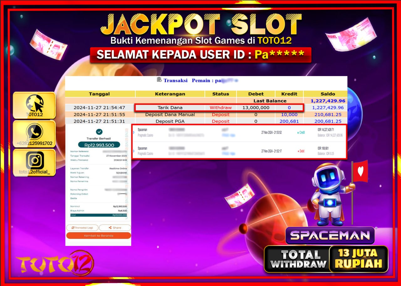 HANYA DI TOTO12 JP PASTI DI BAYAR LUNAS DAN CEPAT!!!!!! JACKPOT SLOT GAME (SPACEMAN) Rp.13.000.000 !!!!