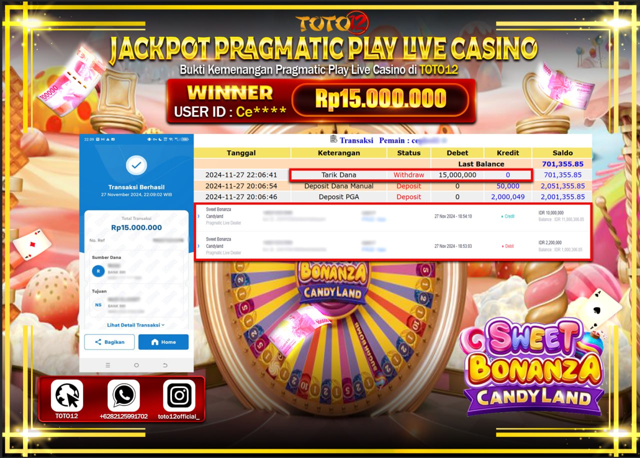 HANYA DI TOTO12 JP PASTI DI BAYAR LUNAS DAN CEPAT!!!!!! JACKPOT PRAGMATIC PLAY LIVE CASINO (SWEET BONANZA CANDY LAND) Rp.15.000.000 !!!!