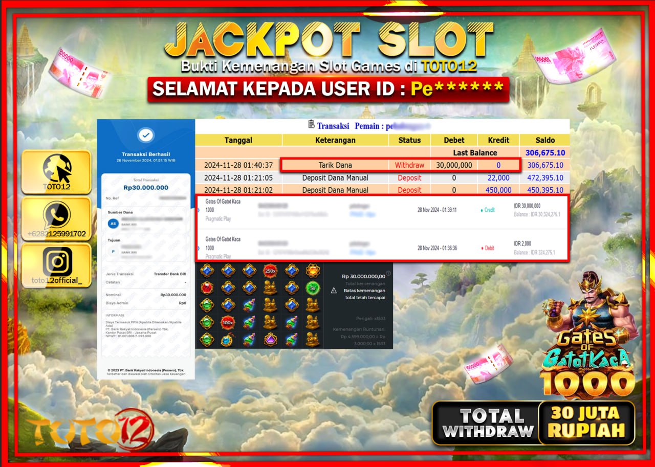 HANYA DI TOTO12 JP PASTI DI BAYAR LUNAS DAN CEPAT!!!!!! JACKPOT SLOT GAME (GATES OF GATOT KACA 1000) Rp.30.000.000 !!!!