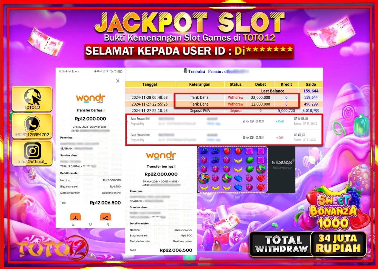 HANYA DI TOTO12 JP PASTI DI BAYAR LUNAS DAN CEPAT!!!!!! JACKPOT SLOT GAME (SWEET BONANZA 1000) Rp.34.000.000 !!!!
