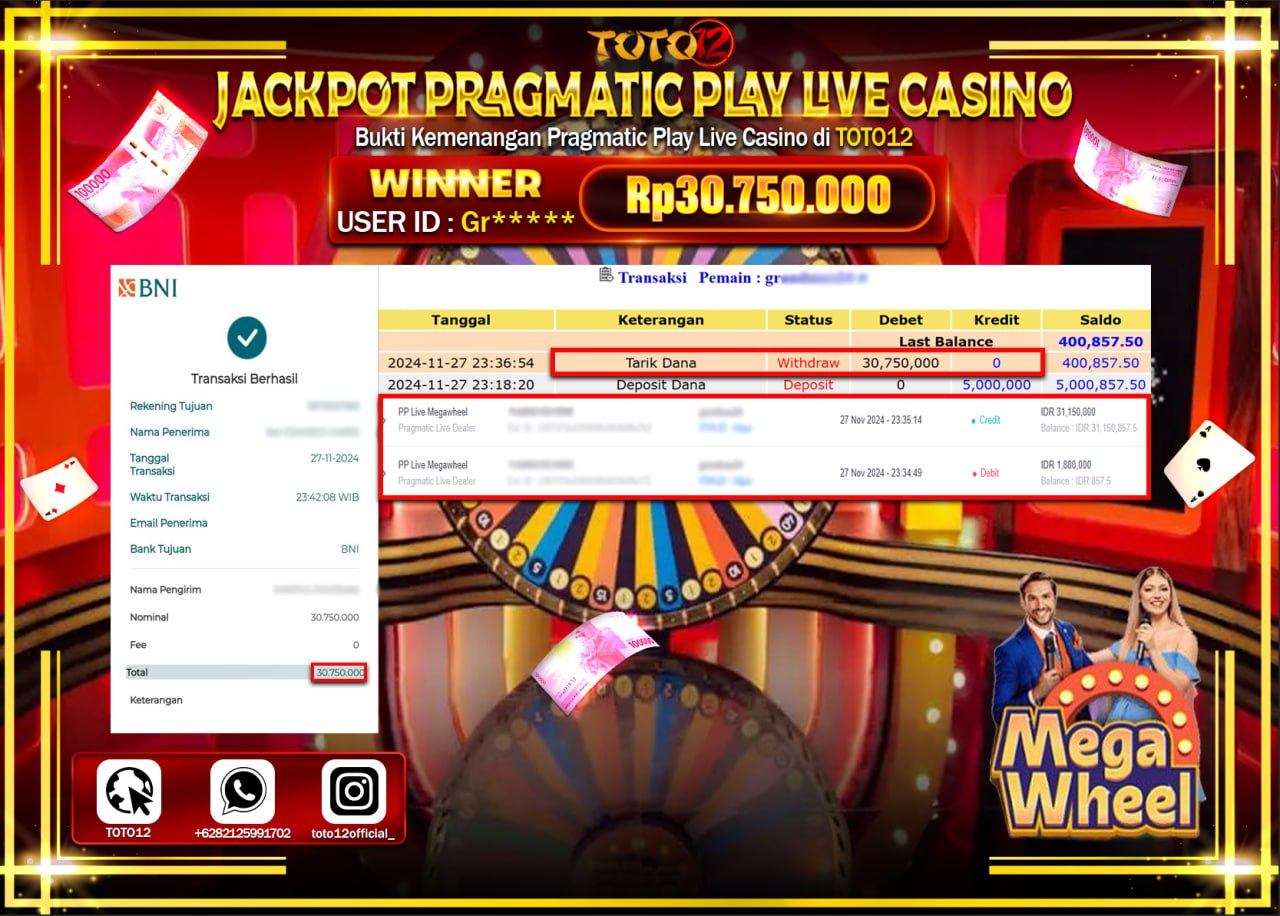 HANYA DI TOTO12 JP PASTI DI BAYAR LUNAS DAN CEPAT!!!!!! JACKPOT PRAGMATIC PLAY LIVE CASINO (MEGA WHEEL) Rp.30.750.000 !!!!