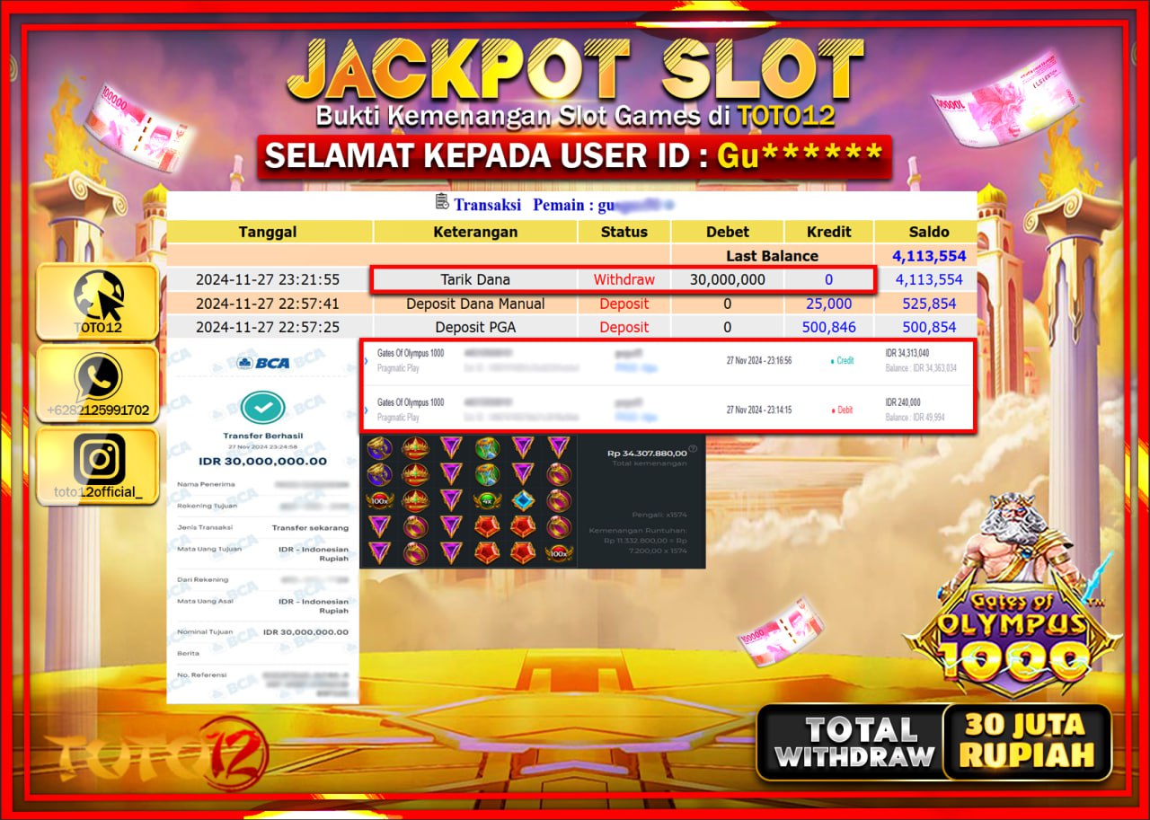 HANYA DI TOTO12 JP PASTI DI BAYAR LUNAS DAN CEPAT!!!!!! JACKPOT SLOT GAME (GATES OF OLYMPUS 1000) Rp.30.000.000 !!!!