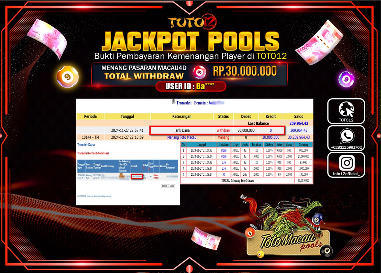 HANYA DI TOTO12 JP PASTI DI BAYAR LUNAS DAN CEPAT!!!!!! JACKPOT POOLS PASARAN (TOTO MACAU) Rp.30.000.000 !!!!