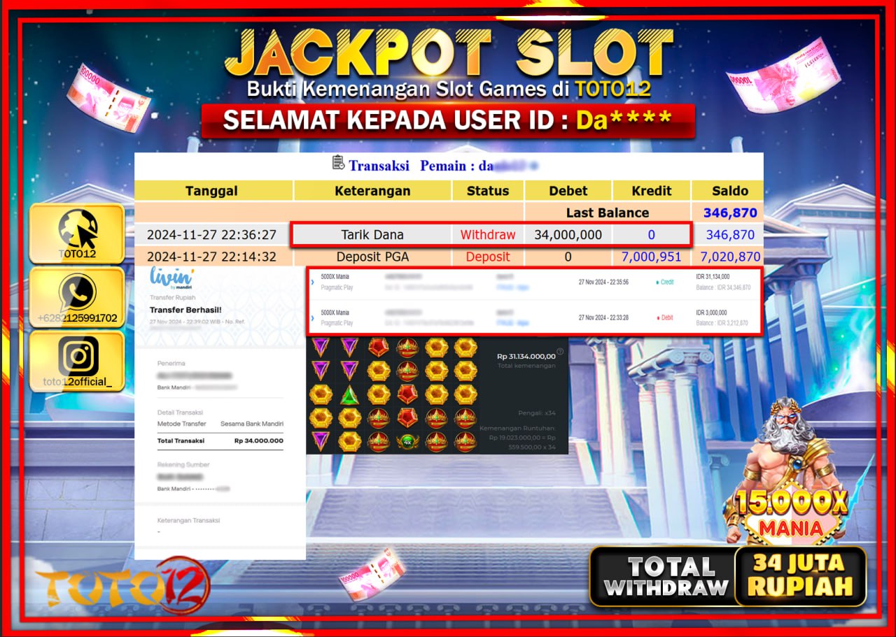 HANYA DI TOTO12 JP PASTI DI BAYAR LUNAS DAN CEPAT!!!!!! JACKPOT SLOT GAME (15.000X MANIA) Rp.34.000.000 !!!!