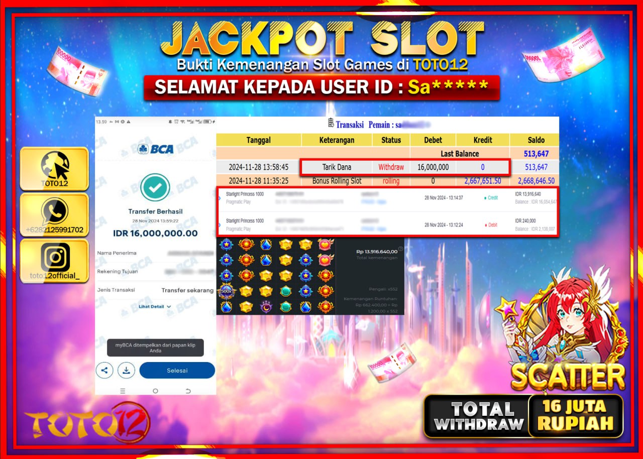 HANYA DI TOTO12 JP PASTI DI BAYAR LUNAS DAN CEPAT!!!!!! JACKPOT SLOT GAME (STARLIGHT PRINCESS 1000) Rp.16.000.000 !!!!