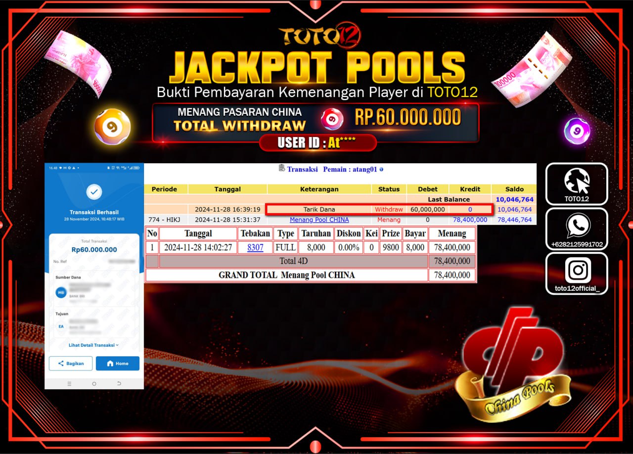 HANYA DI TOTO12 JP PASTI DI BAYAR LUNAS DAN CEPAT!!!!!! JACKPOT POOLS PASARAN (CHINA) Rp.60.000.000 !!!!