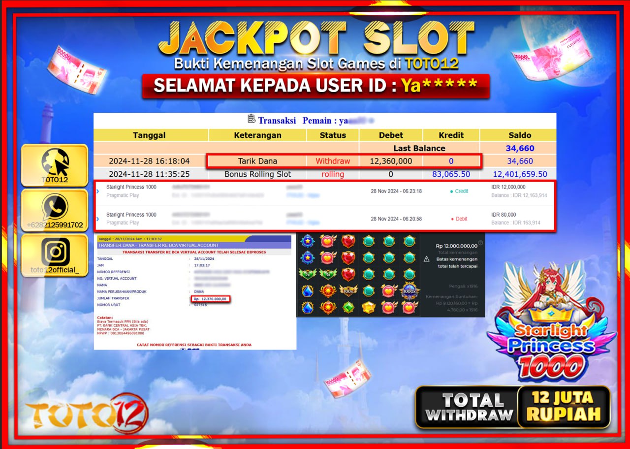 HANYA DI TOTO12 JP PASTI DI BAYAR LUNAS DAN CEPAT!!!!!! JACKPOT SLOT GAME (STARLIGHT PRINCESS 1000) Rp.12.000.000 !!!!