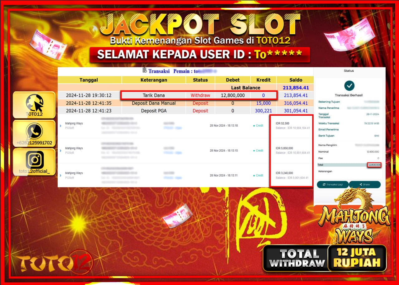 HANYA DI TOTO12 JP PASTI DI BAYAR LUNAS DAN CEPAT!!!!!! JACKPOT SLOT GAME (MAHJONG WAYS) Rp.12.000.000 !!!!