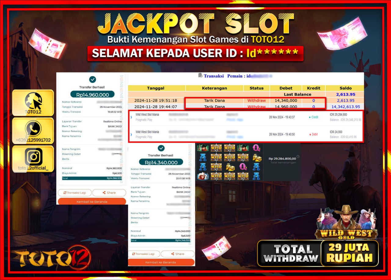 HANYA DI TOTO12 JP PASTI DI BAYAR LUNAS DAN CEPAT!!!!!! JACKPOT SLOT GAME (WILD WEST SLOT MANIA) Rp.29.000.000 !!!!