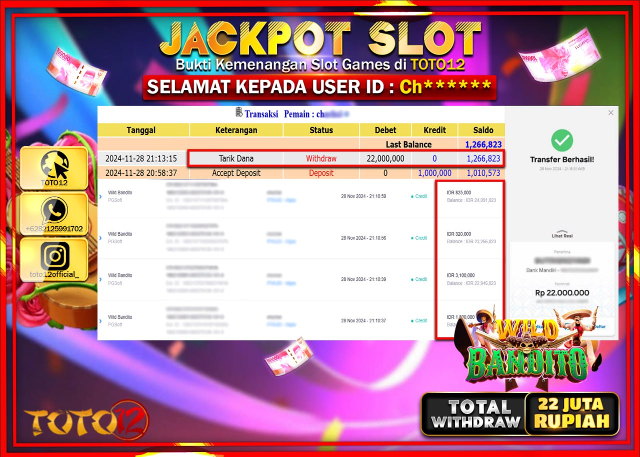 HANYA DI TOTO12 JP PASTI DI BAYAR LUNAS DAN CEPAT!!!!!! JACKPOT SLOT GAME (WILD BANDITO) Rp.22.000.000 !!!!