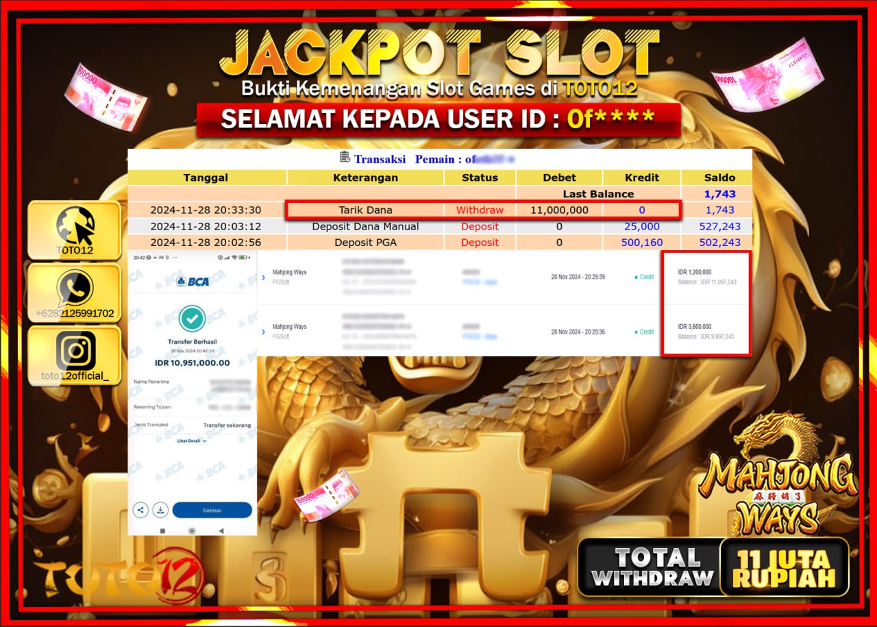 HANYA DI TOTO12 JP PASTI DI BAYAR LUNAS DAN CEPAT!!!!!! JACKPOT SLOT GAME (MAHJONG WAYS) Rp.11.000.000 !!!!