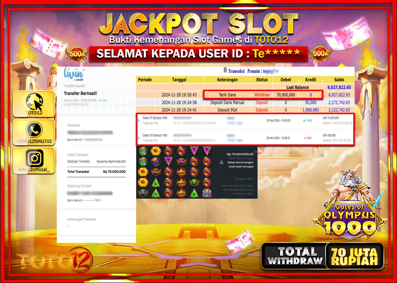 HANYA DI TOTO12 JP PASTI DI BAYAR LUNAS DAN CEPAT!!!!!! JACKPOT SLOT GAME (GATES OF OLYMPUS 1000) Rp.70.000.000 !!!!