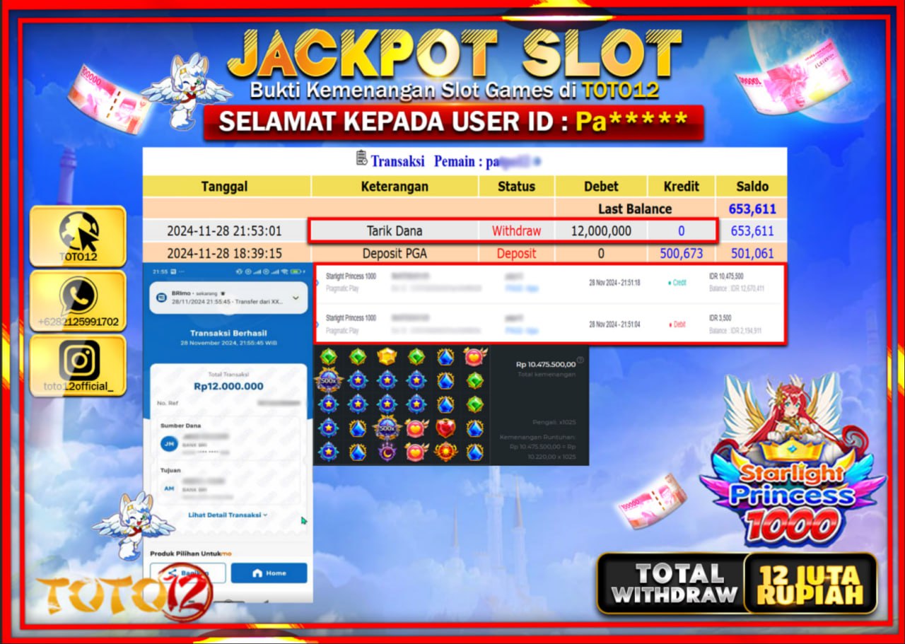 HANYA DI TOTO12 JP PASTI DI BAYAR LUNAS DAN CEPAT!!!!!! JACKPOT SLOT GAME (STARLIGHT PRINCESS 1000) Rp.12.000.000 !!!!
