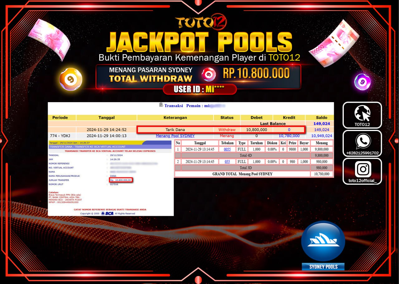 HANYA DI TOTO12 JP PASTI DI BAYAR LUNAS DAN CEPAT!!!!!! JACKPOT POOLS PASARAN (SYDNEY) Rp.10.800.000 !!!!