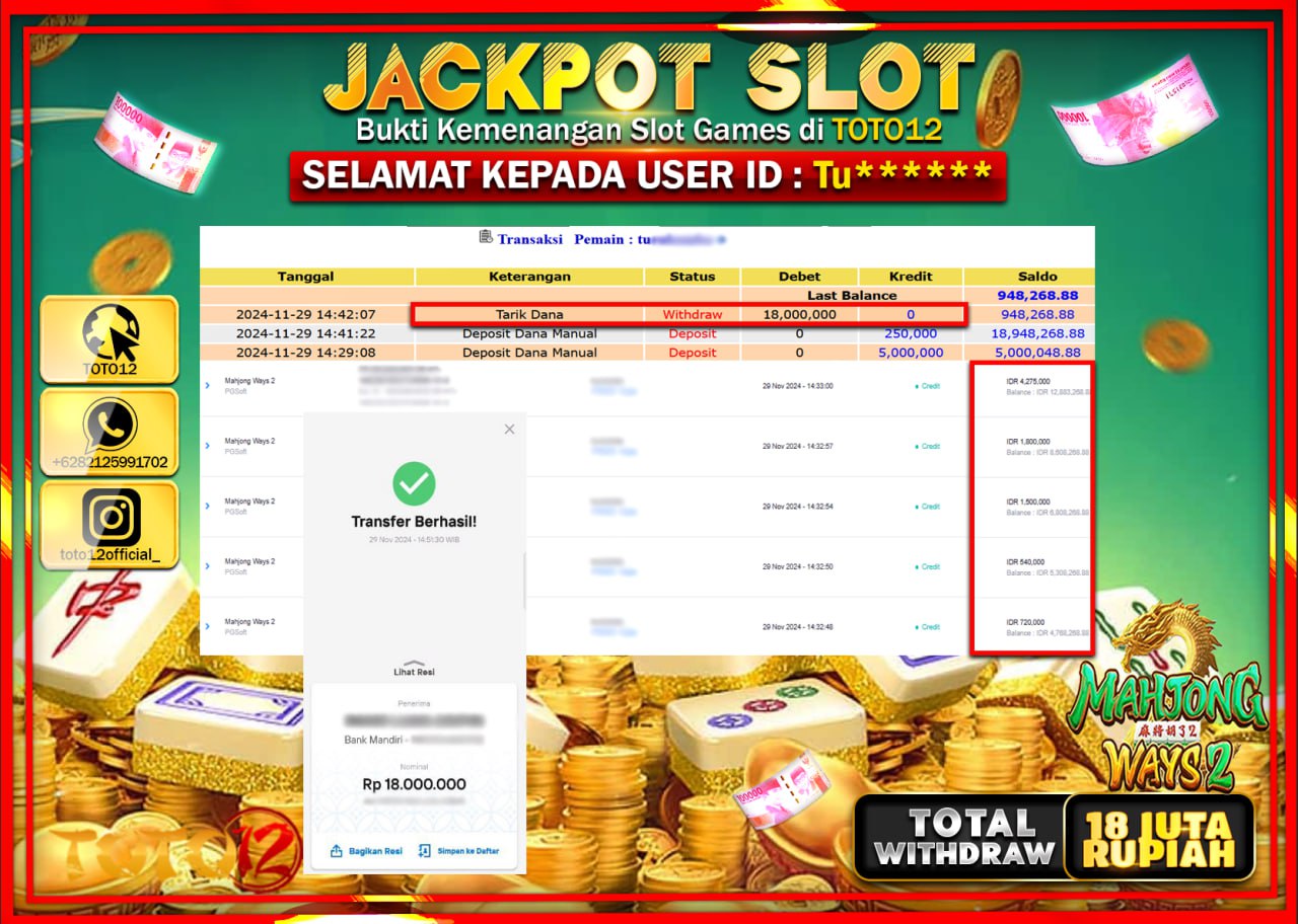 HANYA DI TOTO12 JP PASTI DI BAYAR LUNAS DAN CEPAT!!!!!! JACKPOT SLOT GAME (MAHJONG WAYS 2) Rp.18.000.000 !!!!