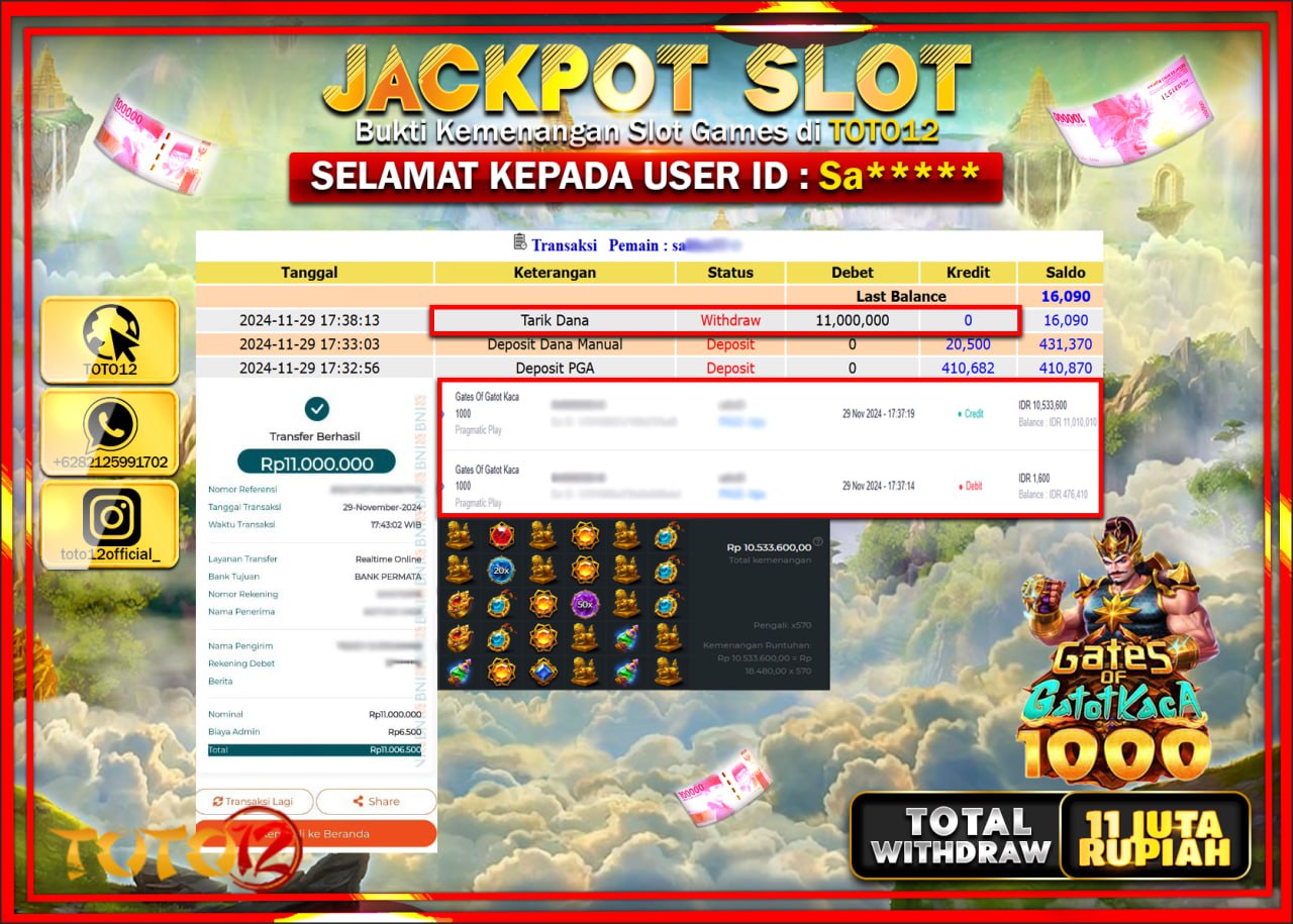 HANYA DI TOTO12 JP PASTI DI BAYAR LUNAS DAN CEPAT!!!!!! JACKPOT SLOT GAME (GATES OF GATOT KACA 1000) Rp.11.000.000 !!!!