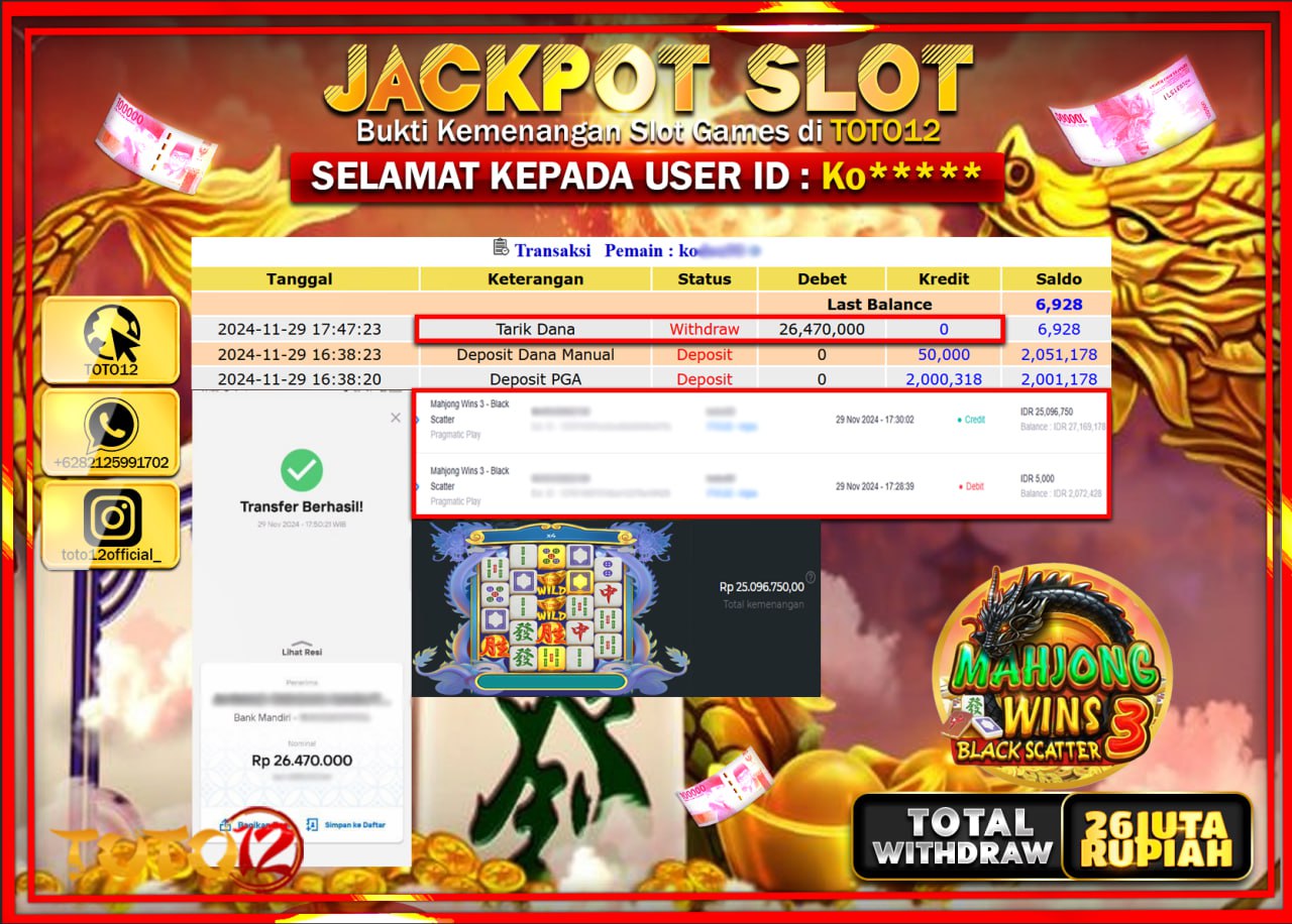 HANYA DI TOTO12 JP PASTI DI BAYAR LUNAS DAN CEPAT!!!!!! JACKPOT SLOT GAME (MAHJONG WINS 3 BLACK SCATTER) Rp.26.000.000 !!!!