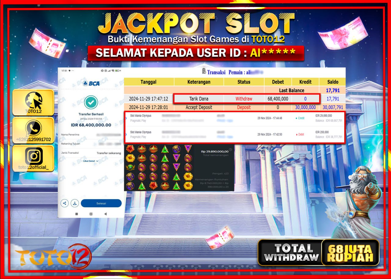 HANYA DI TOTO12 JP PASTI DI BAYAR LUNAS DAN CEPAT!!!!!! JACKPOT SLOT GAME (SLOT MANIA OLYMPUS) Rp.68.000.000 !!!!