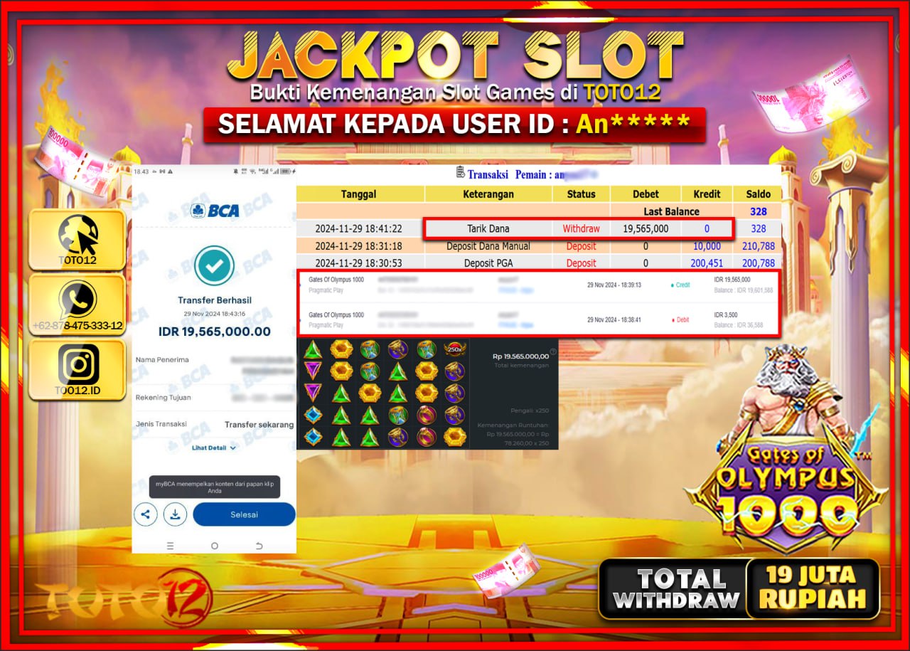 HANYA DI TOTO12 JP PASTI DI BAYAR LUNAS DAN CEPAT!!!!!! JACKPOT SLOT GAME (GATES OF OLYMPUS 1000) Rp.19.000.000 !!!!