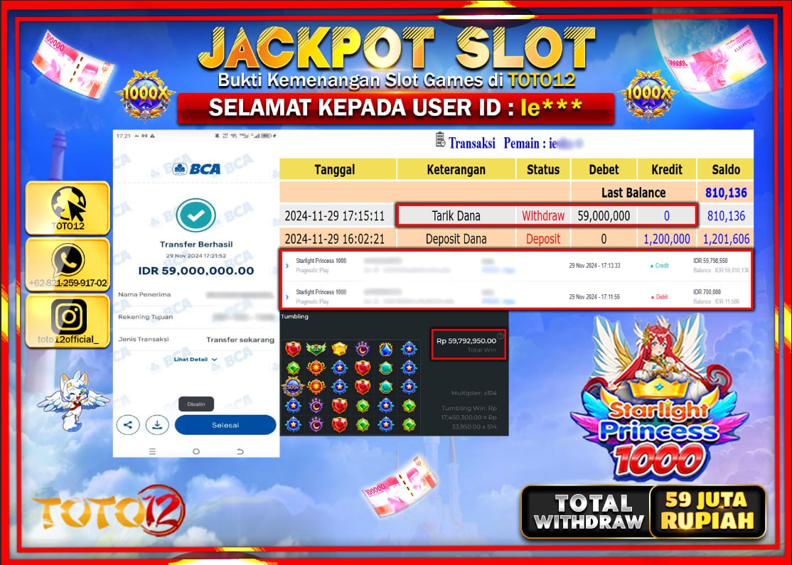 HANYA DI TOTO12 JP PASTI DI BAYAR LUNAS DAN CEPAT!!!!!! JACKPOT SLOT GAME (STARLIGHT PRINCESS 1000) Rp.59.000.000 !!!!
