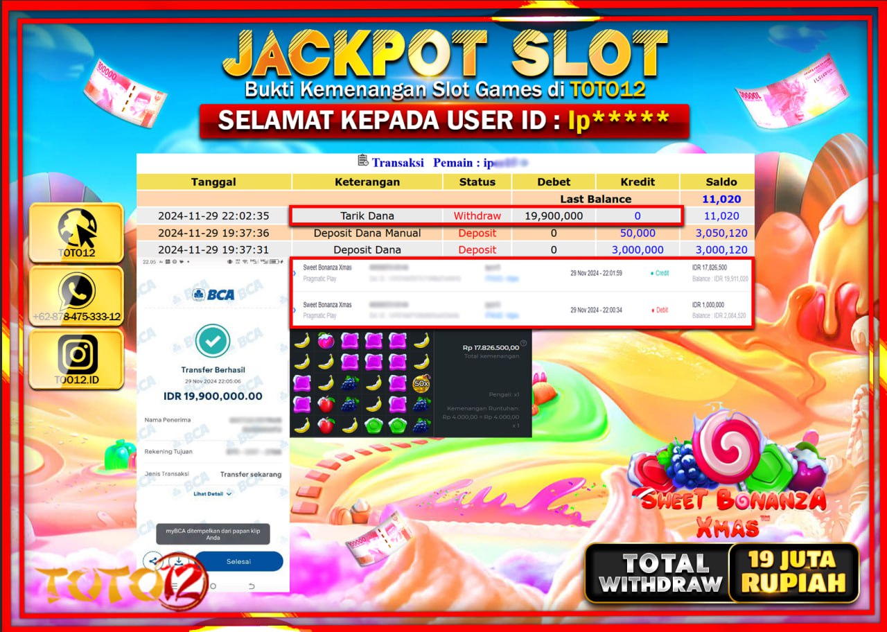 HANYA DI TOTO12 JP PASTI DI BAYAR LUNAS DAN CEPAT!!!!!! JACKPOT SLOT GAME (SWEET BONANZA XMAS) Rp.19.000.000 !!!!