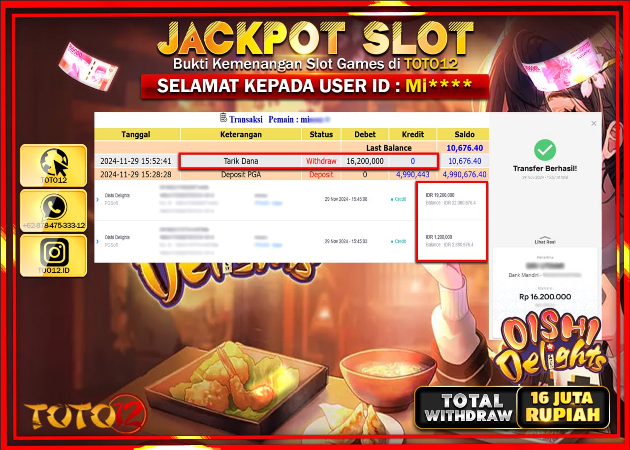 HANYA DI TOTO12 JP PASTI DI BAYAR LUNAS DAN CEPAT!!!!!! JACKPOT SLOT GAME (OISHI DELIGHTS) Rp.16.000.000 !!!!