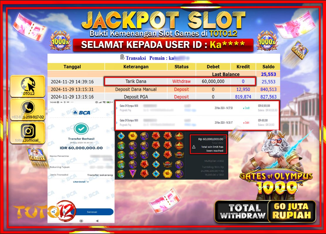 HANYA DI TOTO12 JP PASTI DI BAYAR LUNAS DAN CEPAT!!!!!! JACKPOT SLOT GAME (GATES OF OLYMPUS 1000) Rp.60.000.000 !!!!