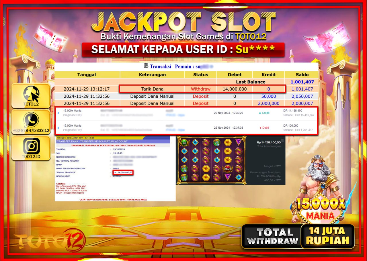 HANYA DI TOTO12 JP PASTI DI BAYAR LUNAS DAN CEPAT!!!!!! JACKPOT SLOT GAME (15.000X MANIA) Rp.14.000.000 !!!!
