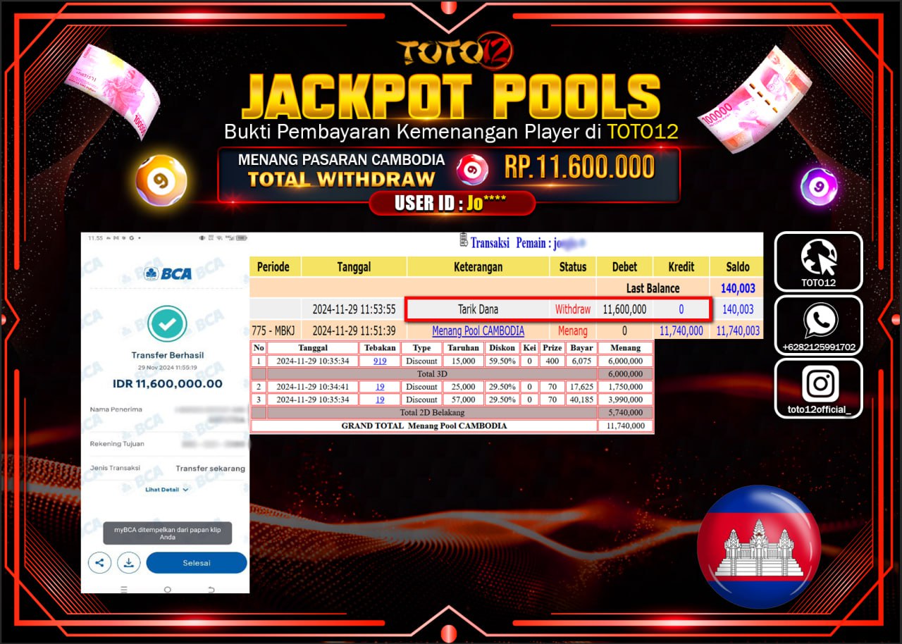 HANYA DI TOTO12 JP PASTI DI BAYAR LUNAS DAN CEPAT!!!!!! JACKPOT POOLS PASARAN (CAMBODIA) Rp.11.600.000 !!!!