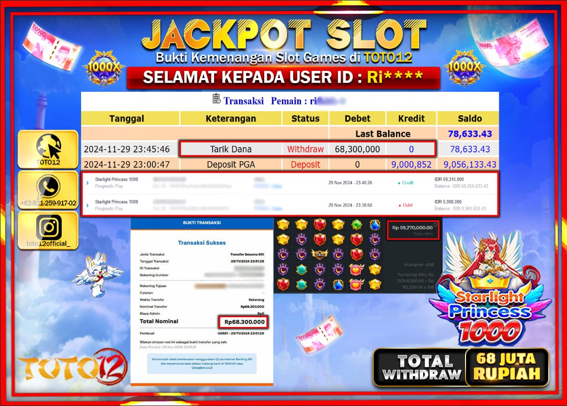 HANYA DI TOTO12 JP PASTI DI BAYAR LUNAS DAN CEPAT!!!!!! JACKPOT SLOT GAME (STARLIGHT PRINCESS 1000) Rp.68.000.000 !!!!