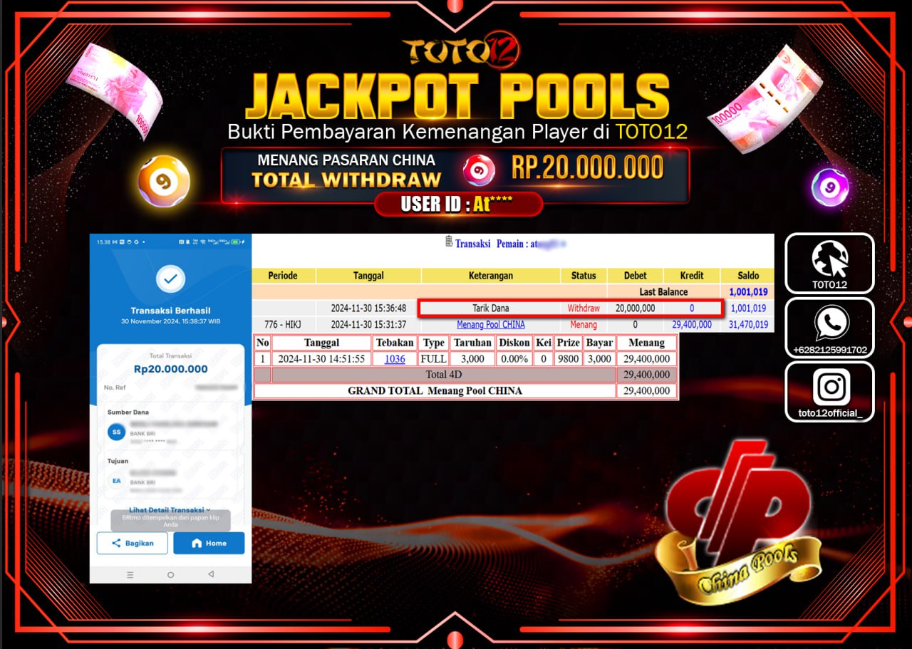 HANYA DI TOTO12 JP PASTI DI BAYAR LUNAS DAN CEPAT!!!!!! JACKPOT POOLS PASARAN (CHINA) Rp.20.000.000 !!!!