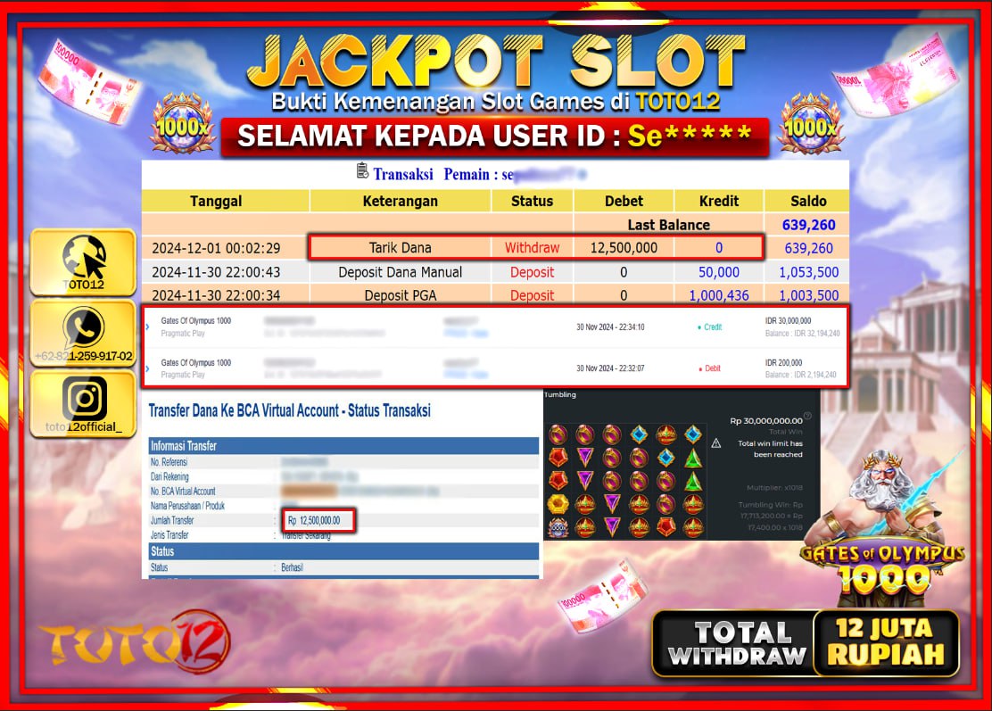 HANYA DI TOTO12 JP PASTI DI BAYAR LUNAS DAN CEPAT!!!!!! JACKPOT SLOT GAME (GATES OF OLYMPUS 1000) Rp.12.000.000 !!!!