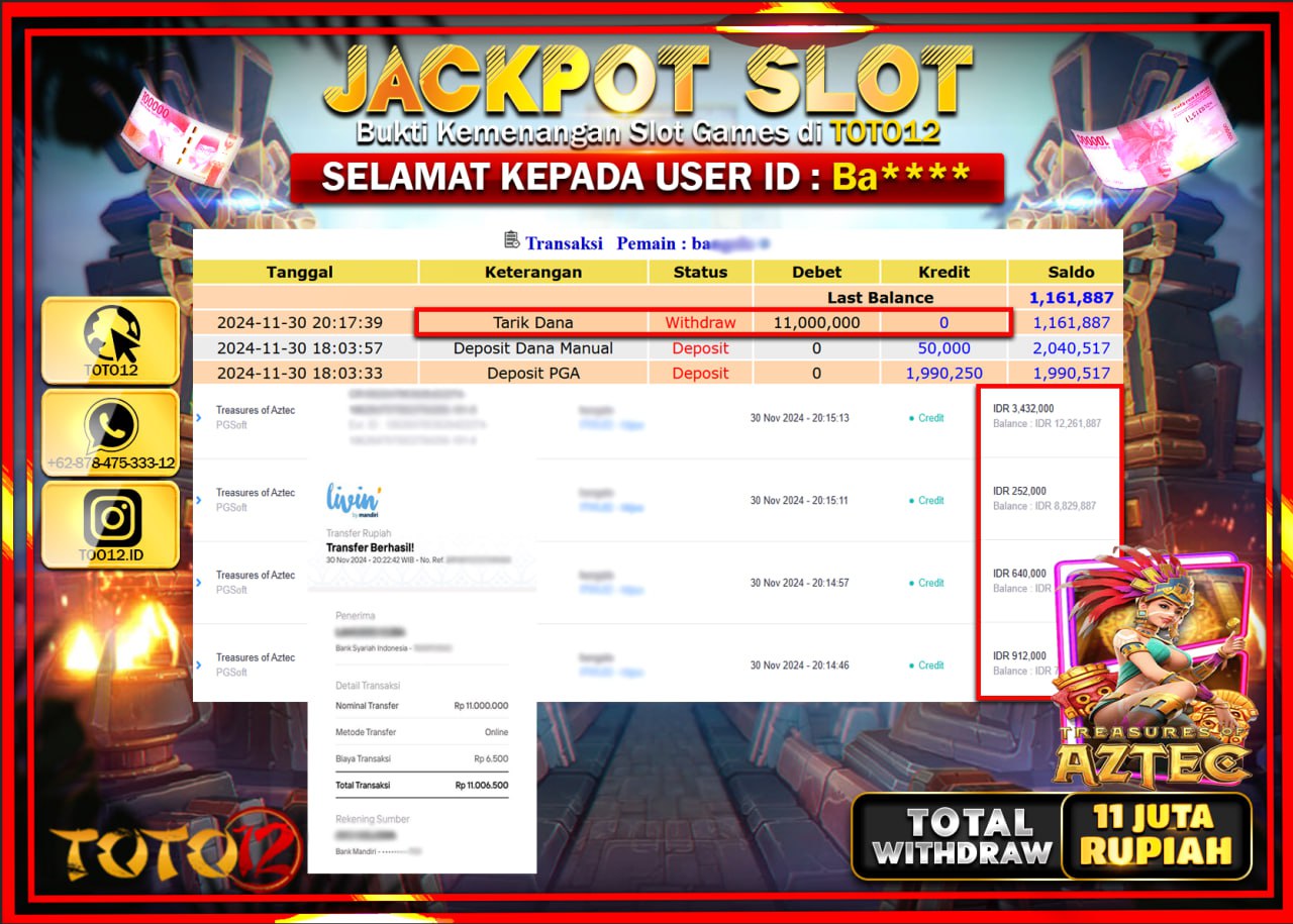 HANYA DI TOTO12 JP PASTI DI BAYAR LUNAS DAN CEPAT!!!!!! JACKPOT SLOT GAME (TREASURES AZTEC) Rp.11.000.000 !!!!