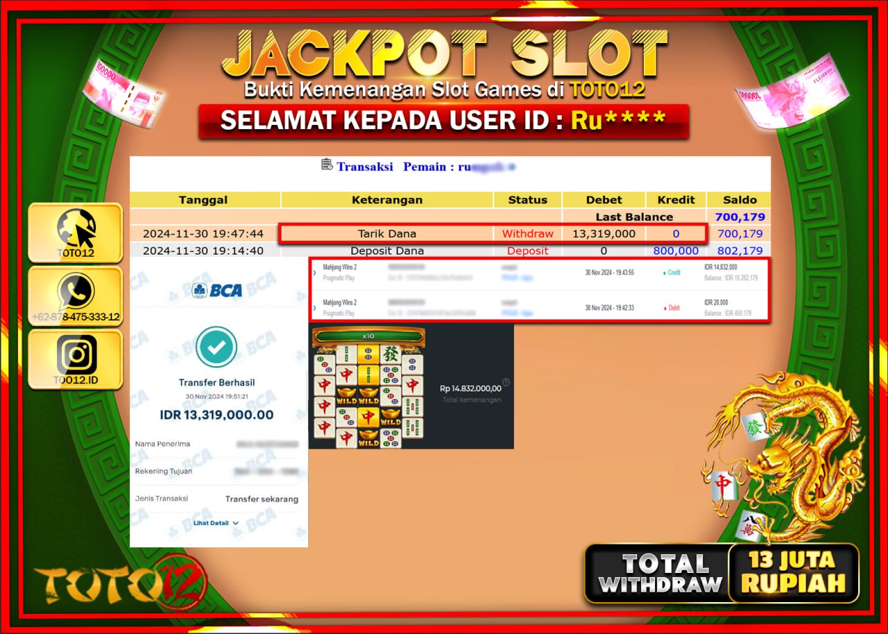 HANYA DI TOTO12 JP PASTI DI BAYAR LUNAS DAN CEPAT!!!!!! JACKPOT SLOT GAME (MAHJONG WINS 2) Rp.13.000.000 !!!!