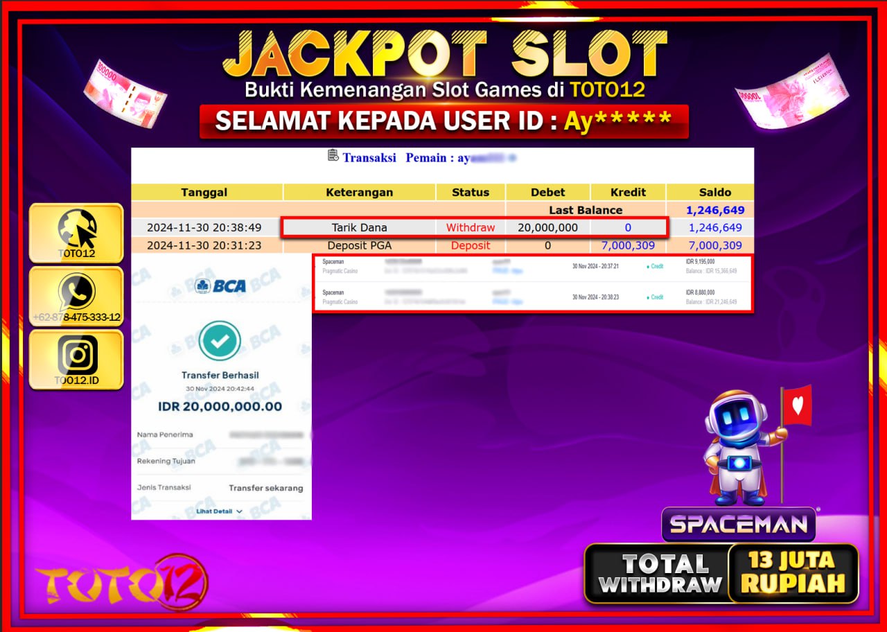 HANYA DI TOTO12 JP PASTI DI BAYAR LUNAS DAN CEPAT!!!!!! JACKPOT SLOT GAME (SPACEMAN) Rp.13.000.000 !!!!