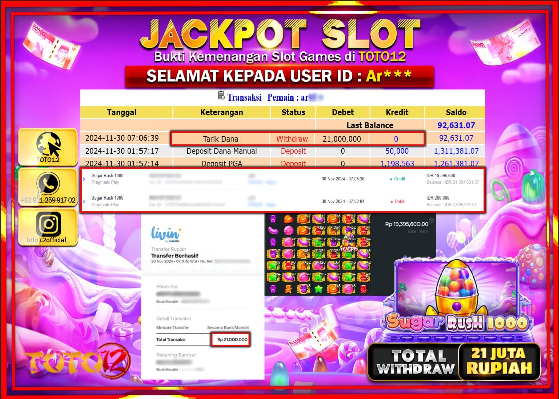 HANYA DI TOTO12 JP PASTI DI BAYAR LUNAS DAN CEPAT!!!!!! JACKPOT SLOT GAME (SUGAR RUSH 1000) Rp.21.000.000 !!!!
