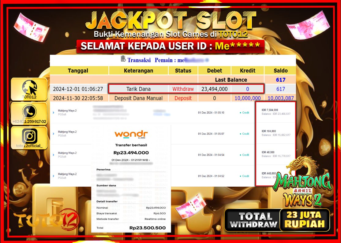 HANYA DI TOTO12 JP PASTI DI BAYAR LUNAS DAN CEPAT!!!!!! JACKPOT SLOT GAME (MAHJONG WAYS 2) Rp.23.000.000 !!!!