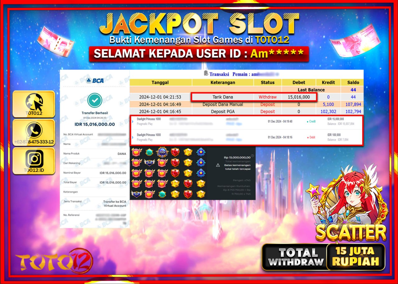 HANYA DI TOTO12 JP PASTI DI BAYAR LUNAS DAN CEPAT!!!!!! JACKPOT SLOT GAME (STARLIGHT PRINCESS 1000) Rp.15.000.000 !!!!