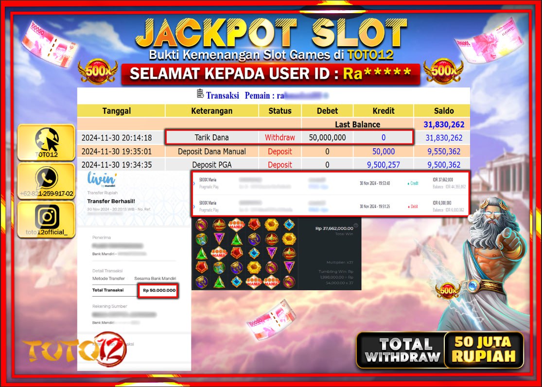 HANYA DI TOTO12 JP PASTI DI BAYAR LUNAS DAN CEPAT!!!!!! JACKPOT SLOT GAME (5000X MANIA) Rp.50.000.000 !!!!