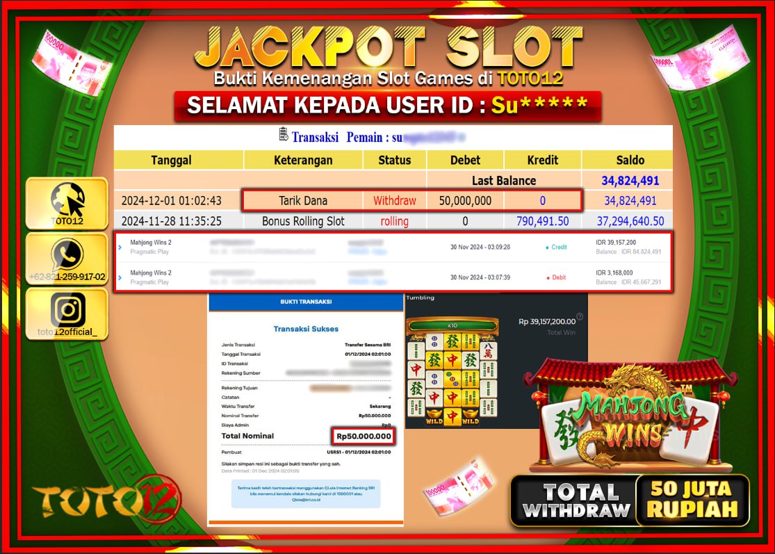 HANYA DI TOTO12 JP PASTI DI BAYAR LUNAS DAN CEPAT!!!!!! JACKPOT SLOT GAME (MAHJONG WINS 2) Rp.50.000.000 !!!!