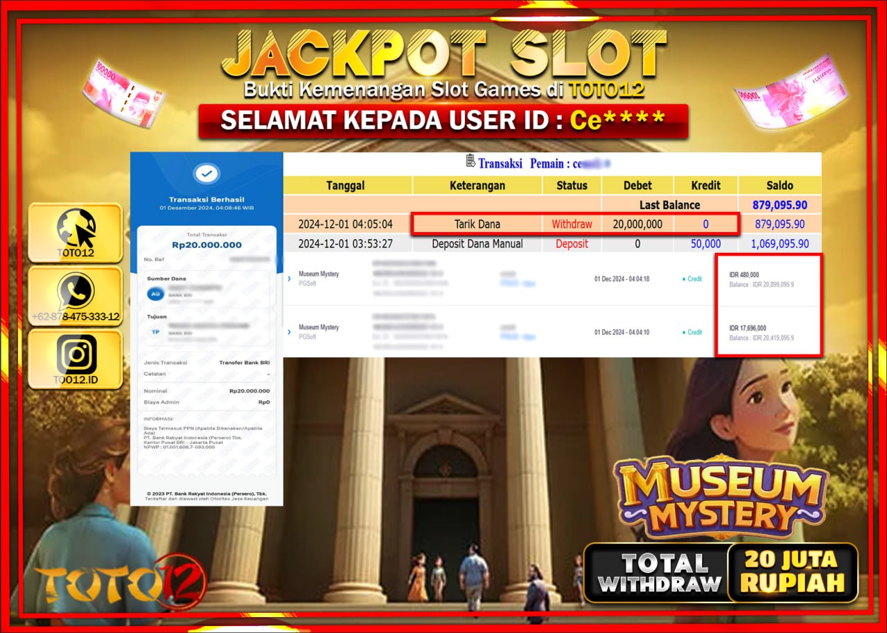 HANYA DI TOTO12 JP PASTI DI BAYAR LUNAS DAN CEPAT!!!!!! JACKPOT SLOT GAME (MUSEUM MYSTERY) Rp.20.000.000 !!!!