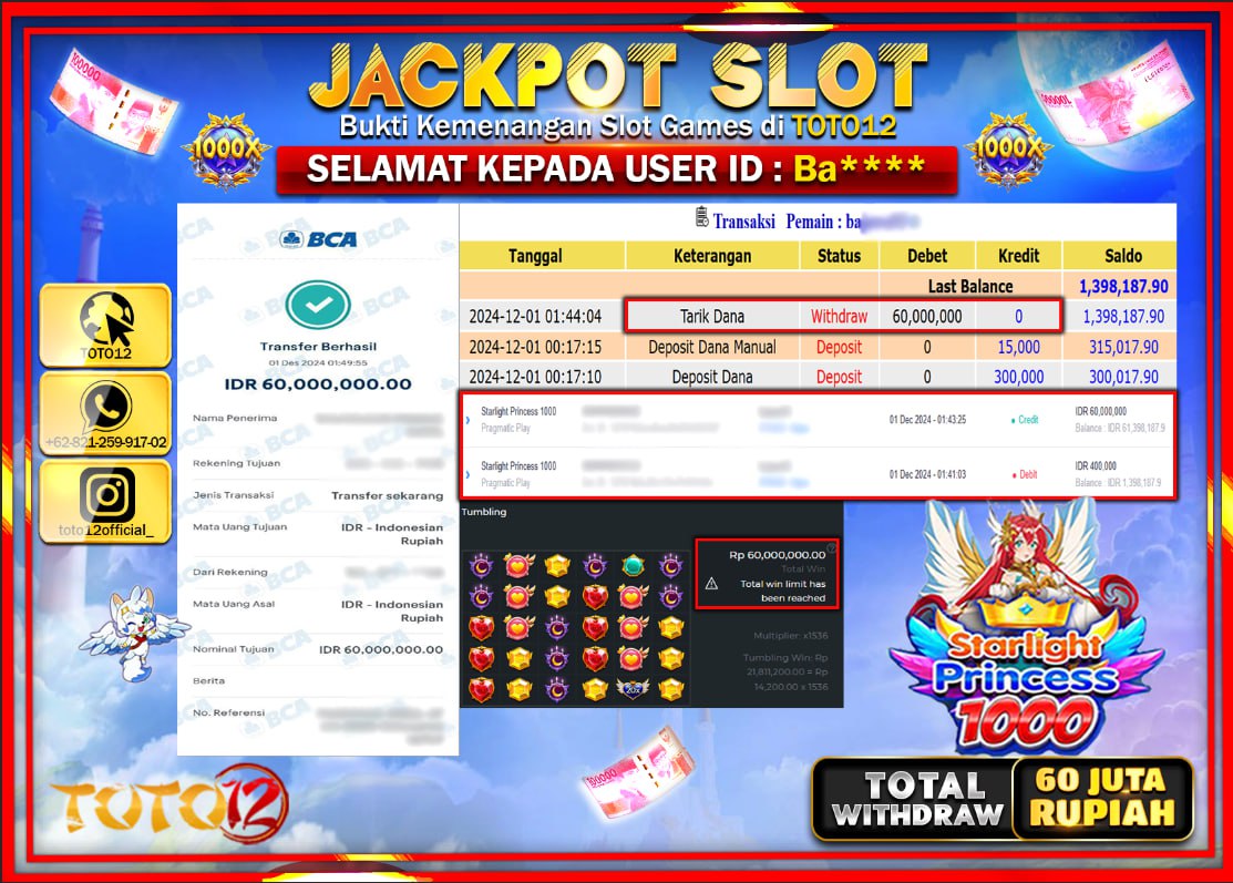 HANYA DI TOTO12 JP PASTI DI BAYAR LUNAS DAN CEPAT!!!!!! JACKPOT SLOT GAME (STARLIGHT PRINCESS 1000) Rp.60.000.000 !!!!