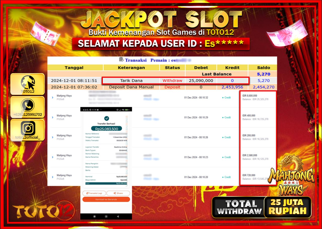 HANYA DI TOTO12 JP PASTI DI BAYAR LUNAS DAN CEPAT!!!!!! JACKPOT SLOT GAME (MAHJONG WAYS) Rp.25.000.000 !!!!