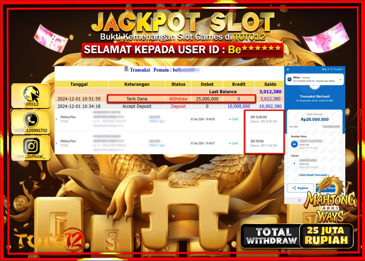 HANYA DI TOTO12 JP PASTI DI BAYAR LUNAS DAN CEPAT!!!!!! JACKPOT SLOT GAME (MAHJONG WAYS) Rp.25.000.000 !!!!