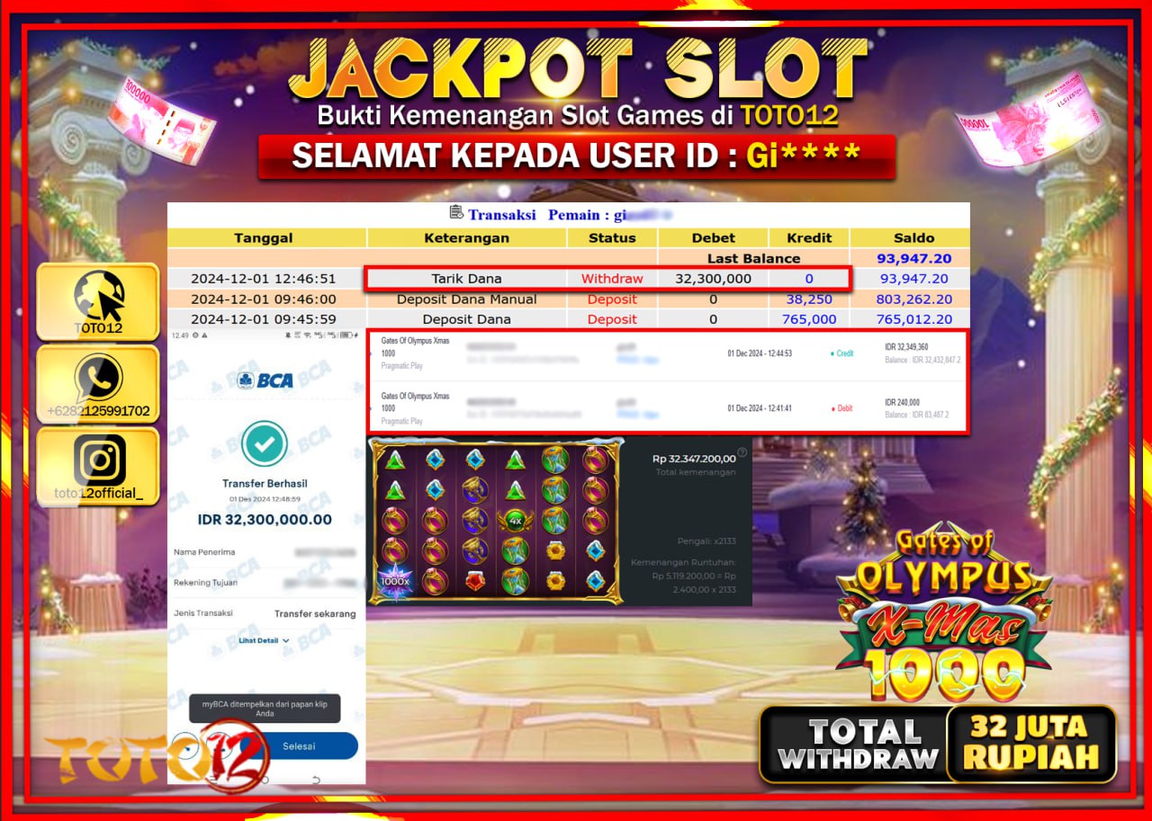HANYA DI TOTO12 JP PASTI DI BAYAR LUNAS DAN CEPAT!!!!!! JACKPOT SLOT GAME (GATES OF OLYMPUS XMAS 1000) Rp.32.000.000 !!!!