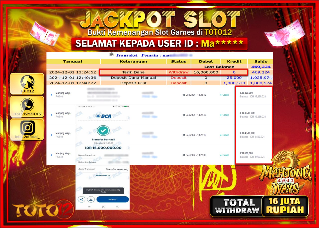 HANYA DI TOTO12 JP PASTI DI BAYAR LUNAS DAN CEPAT!!!!!! JACKPOT SLOT GAME (MAHJONG WAYS) Rp.16.000.000 !!!!